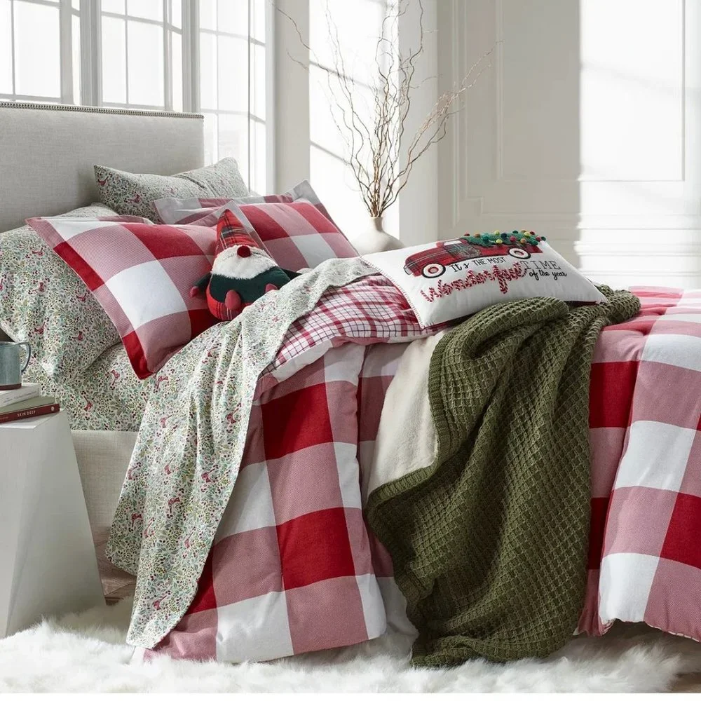 7 Pc Set Charter Club Red Check Flannel Duvet Cover Sheets Shams